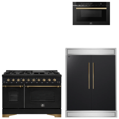 FORNO Espresso Package - 48" Gas Range, 60" Refrigerator, Microwave in Black with Antique Brass Accents