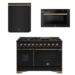 FORNO Espresso Package - 48" Gas Range, Dishwasher, Microwave in Black with Antique Brass Accents
