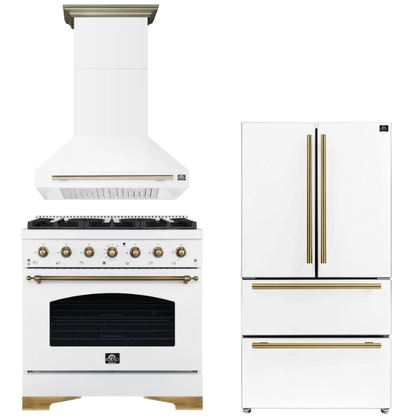 FORNO Espresso Package - 36" Gas Range, Range Hood, 36" Refrigerator in White with Antique Brass Accents