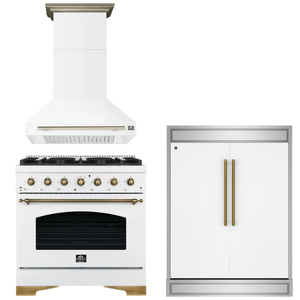 FORNO Espresso Package - 36" Gas Range, Range Hood, 60" Refrigerator in White with Antique Brass Accents