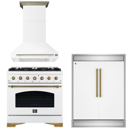 FORNO Espresso Package - 36" Gas Range, Range Hood, 60" Refrigerator in White with Antique Brass Accents
