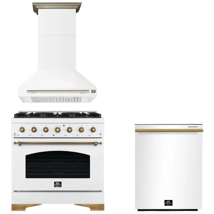 FORNO Espresso Package - 36" Gas Range, Range Hood, Dishwasher in White with Antique Brass Accents