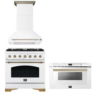 FORNO Espresso Package - 36" Gas Range, Range Hood, Microwave in White with Antique Brass Accents