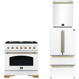 FORNO Espresso Package - 36" Gas Range, 36" Refrigerator, Dishwasher in White with Antique Brass Accents