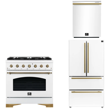 FORNO Espresso Package - 36" Gas Range, 36" Refrigerator, Dishwasher in White with Antique Brass Accents