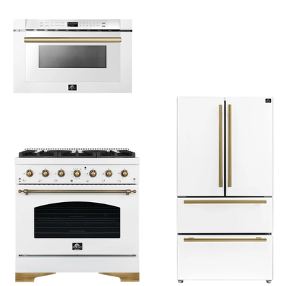 FORNO Espresso Package - 36" Gas Range, 36" Refrigerator, Microwave in White with Antique Brass Accents