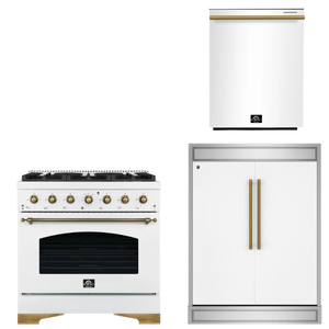 FORNO Espresso Package - 36" Gas Range, 60" Refrigerator, Dishwasher in White with Antique Brass Accents