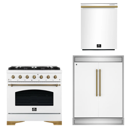 FORNO Espresso Package - 36" Gas Range, 60" Refrigerator, Dishwasher in White with Antique Brass Accents