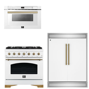 FORNO Espresso Package - 36" Gas Range, 60" Refrigerator, Microwave in White with Antique Brass Accents