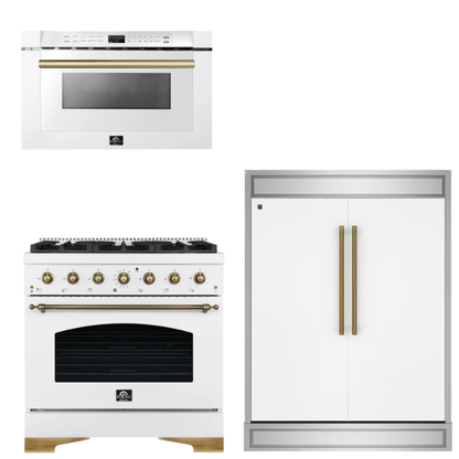 FORNO Espresso Package - 36" Gas Range, 60" Refrigerator, Microwave in White with Antique Brass Accents