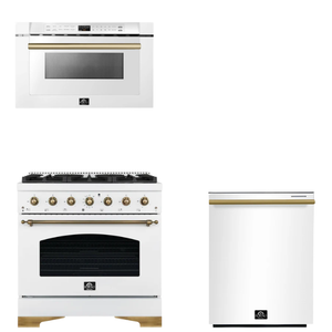 FORNO Espresso Package - 36" Gas Range, Dishwasher, Microwave in White with Antique Brass Accents