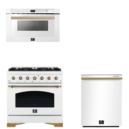 FORNO Espresso Package - 36" Gas Range, Dishwasher, Microwave in White with Antique Brass Accents