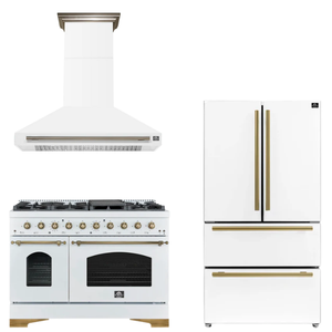 FORNO Espresso Package - 48" Gas Range, Range Hood, 36" Refrigerator in White with Antique Brass Accents
