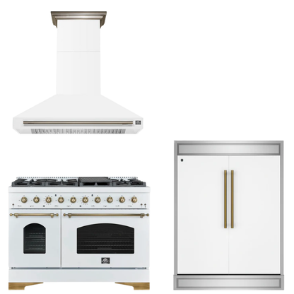 FORNO Espresso Package - 48" Gas Range, Range Hood, 60" Refrigerator in White with Antique Brass Accents