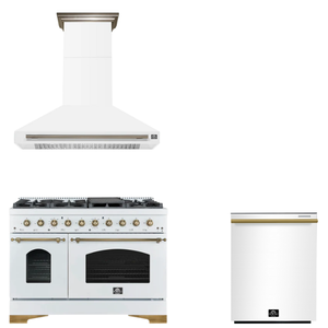 FORNO Espresso Package - 48" Gas Range, Range Hood, Dishwasher in White with Antique Brass Accents
