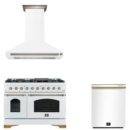 FORNO Espresso Package - 48" Gas Range, Range Hood, Dishwasher in White with Antique Brass Accents