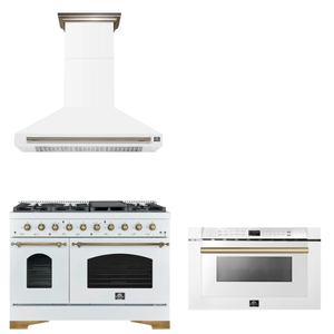 FORNO Espresso Package - 48" Gas Range, Range Hood, Microwave in White with Antique Brass Accents