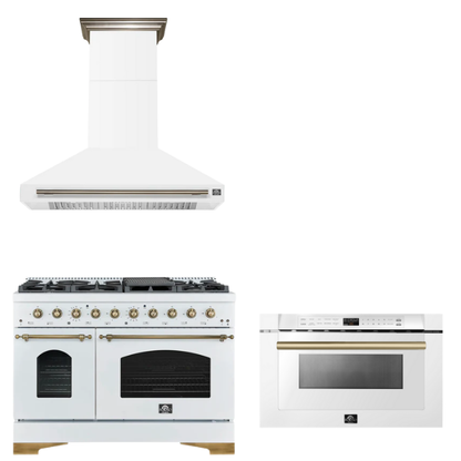 FORNO Espresso Package - 48" Gas Range, Range Hood, Microwave in White with Antique Brass Accents