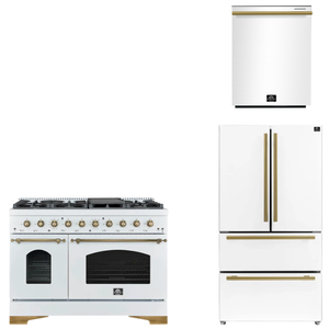 FORNO Espresso Package - 48" Gas Range, 36" Refrigerator, Dishwasher in White with Antique Brass Accents