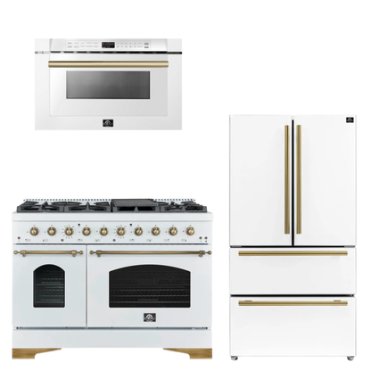 FORNO Espresso Package - 48" Gas Range, 36" Refrigerator, Microwave in White with Antique Brass Accents