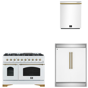 FORNO Espresso Package - 48" Gas Range, 60" Refrigerator, Dishwasher in White with Antique Brass Accents