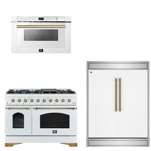 FORNO Espresso Package - 48" Gas Range, 60" Refrigerator, Microwave in White with Antique Brass Accents