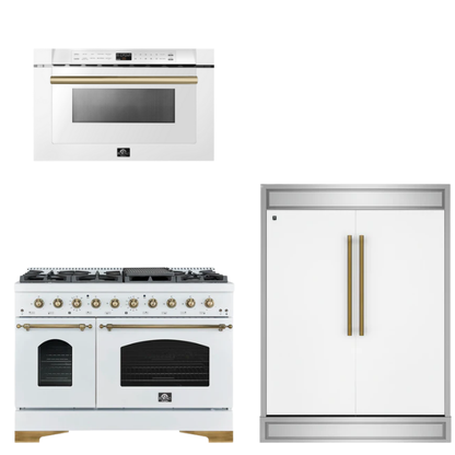 FORNO Espresso Package - 48" Gas Range, 60" Refrigerator, Microwave in White with Antique Brass Accents