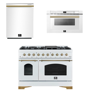 FORNO Espresso Package - 48" Gas Range, Dishwasher, Microwave in White with Antique Brass Accents