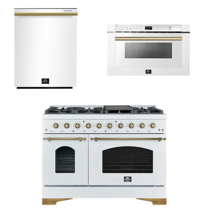 FORNO Espresso Package - 48" Gas Range, Dishwasher, Microwave in White with Antique Brass Accents