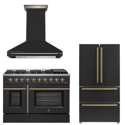 FORNO Appliance Package - 48" Gas Range, Range Hood, 36" Refrigerator in Black with Antique Brass Accents