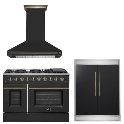 FORNO Appliance Package - 48" Gas Range, Range Hood, 60" Refrigerator in Black with Antique Brass Accents