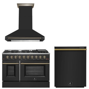 FORNO Appliance Package - 48" Gas Range, Range Hood, Dishwasher in Black with Antique Brass Accents