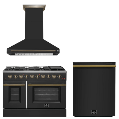 FORNO Appliance Package - 48" Gas Range, Range Hood, Dishwasher in Black with Antique Brass Accents