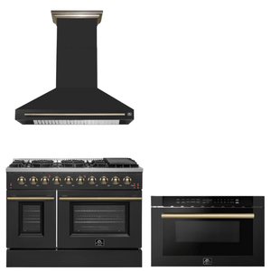 FORNO Appliance Package - 48" Gas Range, Range Hood, Microwave in Black with Antique Brass Accents