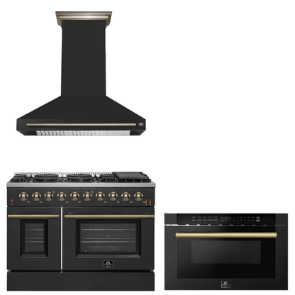FORNO Appliance Package - 48" Gas Range, Range Hood, Microwave in Black with Antique Brass Accents