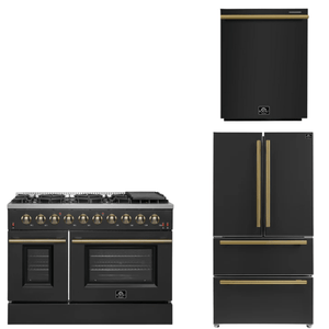 FORNO Appliance Package - 48" Gas Range, 36" Refrigerator, Dishwasher in Black with Antique Brass Accents