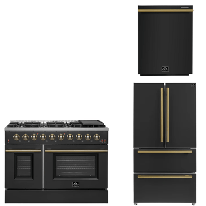 FORNO Appliance Package - 48" Gas Range, 36" Refrigerator, Dishwasher in Black with Antique Brass Accents