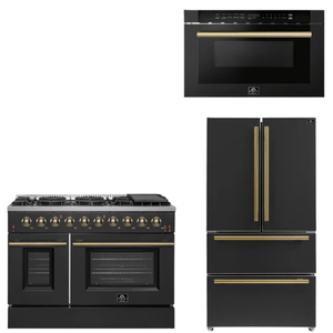 FORNO Appliance Package - 48" Gas Range, 36" Refrigerator, Microwave in Black with Antique Brass Accents