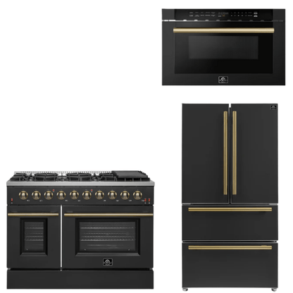 FORNO Appliance Package - 48" Gas Range, 36" Refrigerator, Microwave in Black with Antique Brass Accents