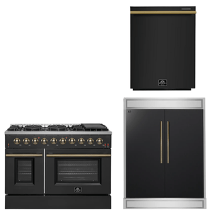 FORNO Appliance Package - 48" Gas Range, 60" Refrigerator, Dishwasher in Black with Antique Brass Accents