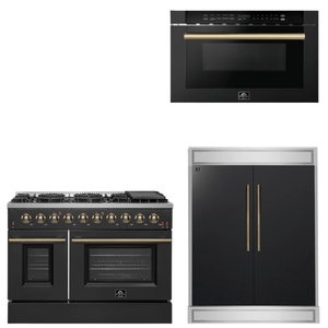 FORNO Appliance Package - 48" Gas Range, 60" Refrigerator, Microwave in Black with Antique Brass Accents