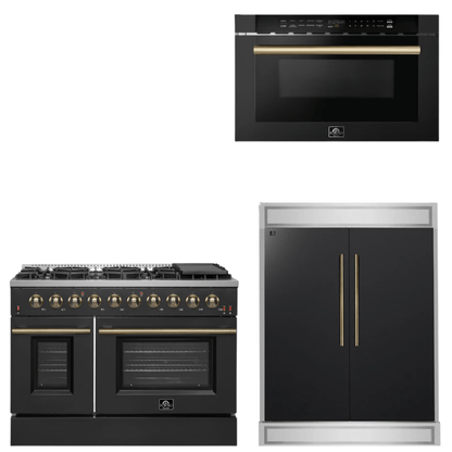 FORNO Appliance Package - 48" Gas Range, 60" Refrigerator, Microwave in Black with Antique Brass Accents