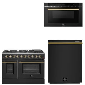 FORNO Appliance Package - 48" Gas Range, Dishwasher, Microwave in Black with Antique Brass Accents