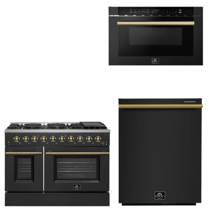 FORNO Appliance Package - 48" Gas Range, Dishwasher, Microwave in Black with Antique Brass Accents