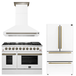 FORNO Appliance Package - 48" Gas Range, Range Hood, 36" Refrigerator in White with Antique Brass Accents