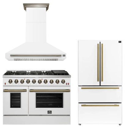 FORNO Appliance Package - 48" Gas Range, Range Hood, 36" Refrigerator in White with Antique Brass Accents