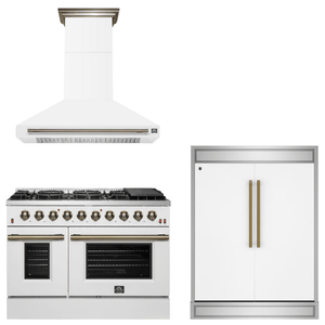 FORNO Appliance Package - 48" Gas Range, Range Hood, 60" Refrigerator in White with Antique Brass Accents