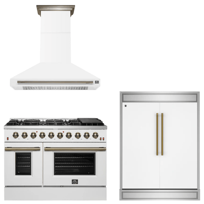 FORNO Appliance Package - 48" Gas Range, Range Hood, 60" Refrigerator in White with Antique Brass Accents
