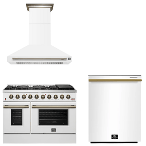 FORNO Appliance Package - 48" Gas Range, Range Hood, Dishwasher in White with Antique Brass Accents