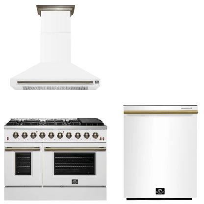 FORNO Appliance Package - 48" Gas Range, Range Hood, Dishwasher in White with Antique Brass Accents